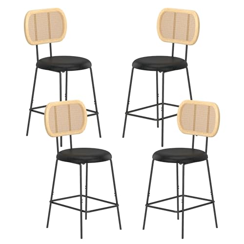 Upholstered Counter Height Dining Chair with Black Metal Legs and Back, PU& Rattan Industrial Side Chair with Leisure, Accent Desk Chair for Kitchen Living Room Wine Bar(Black Set of 2)