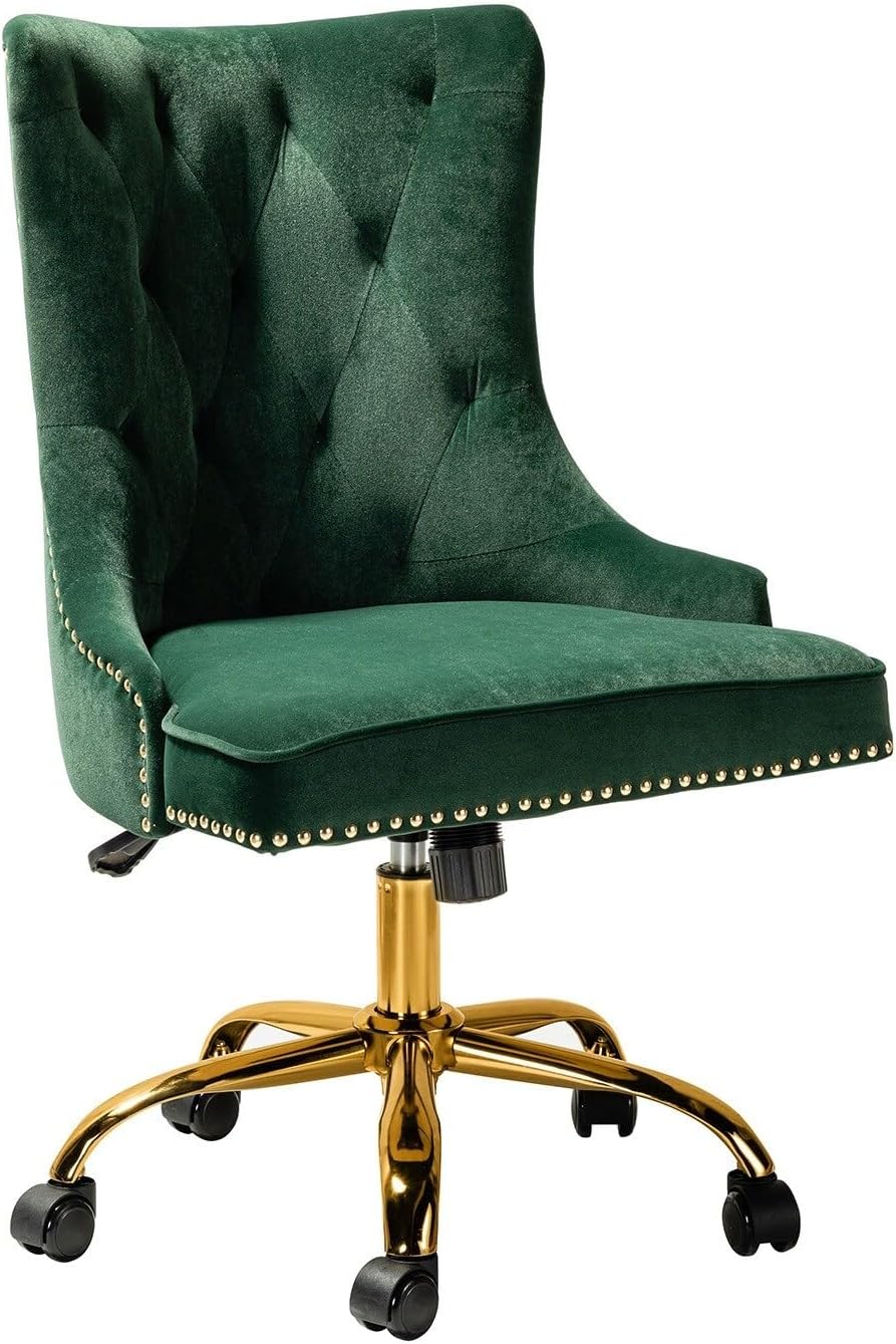 HULALA HOME Adelaida Modern Velvet Adjustable Office Task Chair with Gold Swivel Base by Green