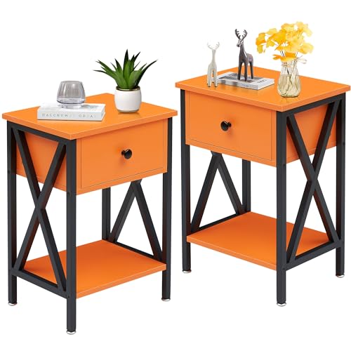 VECELO Nightstands Set of 2, Modern Bedside End Tables, Night Stands with Drawer and Storage Shelf for Living Room Bedroom, Industrial Metal Frame, Orange