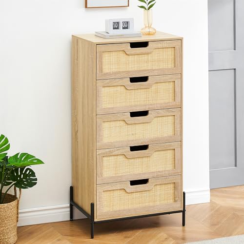 IDEALHOUSE Bedroom Tall Dresser with 5 Drawers, Modern Wood 5 Drawer Dresser, Chest of Drawers with Spacious Storage Rattan Dresser for Kids Bedroom, Closet, Living Room (Black)