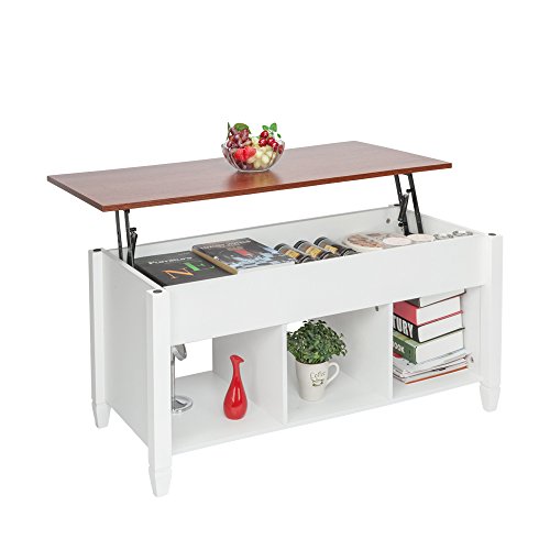 Lift Top Coffee Table with Hidden Compartment and Open Storage Shelf Pop Up Center Table 3 Compartment Storage Cabinets for Living Room Reception (White)