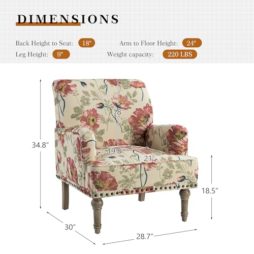 HULALA HOME Modern Armchair with Wooden Legs & Nailhead Trim, Comfy Upholstered Accent Chair for Living Room Bedroom (Floral Patterns, Indigo)