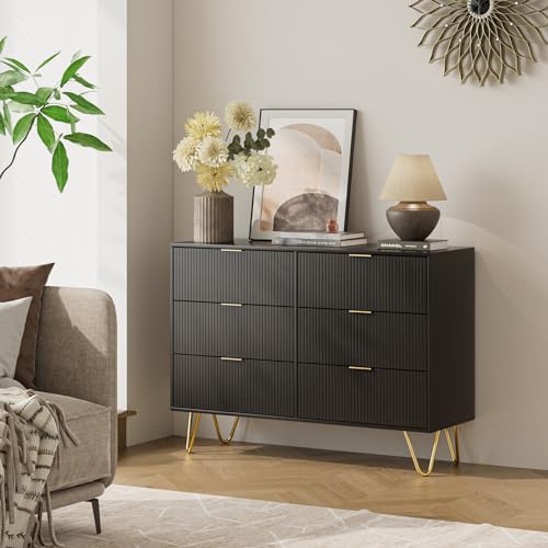 6 Drawer Dresser, Modern Drawer Chest, Wide Storage Dresser Chest Cabinet Organizer Unit with Metal Legs, Chest of Drawers for Bedroom, Living Room, Closet, Entryway, Black Stripe