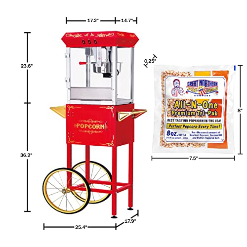 Foundation Popcorn Machine and Cart – 3 Gallon Popcorn Popper, 8oz Kettle, Warmer Tray and 5 All-in-One Popcorn Packs by Great Northern Popcorn (Red)