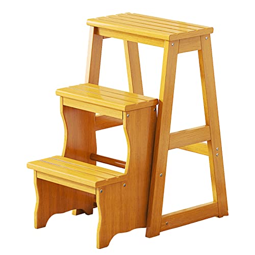 3 Step Solid Wood Folding Ladder Chair, Protable Wooden Step Stool, Convertible Folding Chair Step Stool Display Stand for Adults Office Home Kitchen Outdoor(64cm(25.2