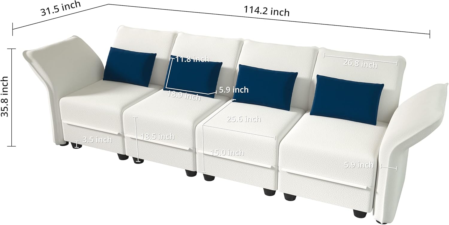 LLappuil Modular Sectional Velvet Couch with Adjustable Arms, I Shaped 114.2