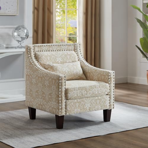 JOYBASE Mid-Century Modern Accent chair Upholstered Club Chair with Print Pattern and Nailheads, Single Sofa Armchair for Living Room Office Bedroom (Gray, Linen)