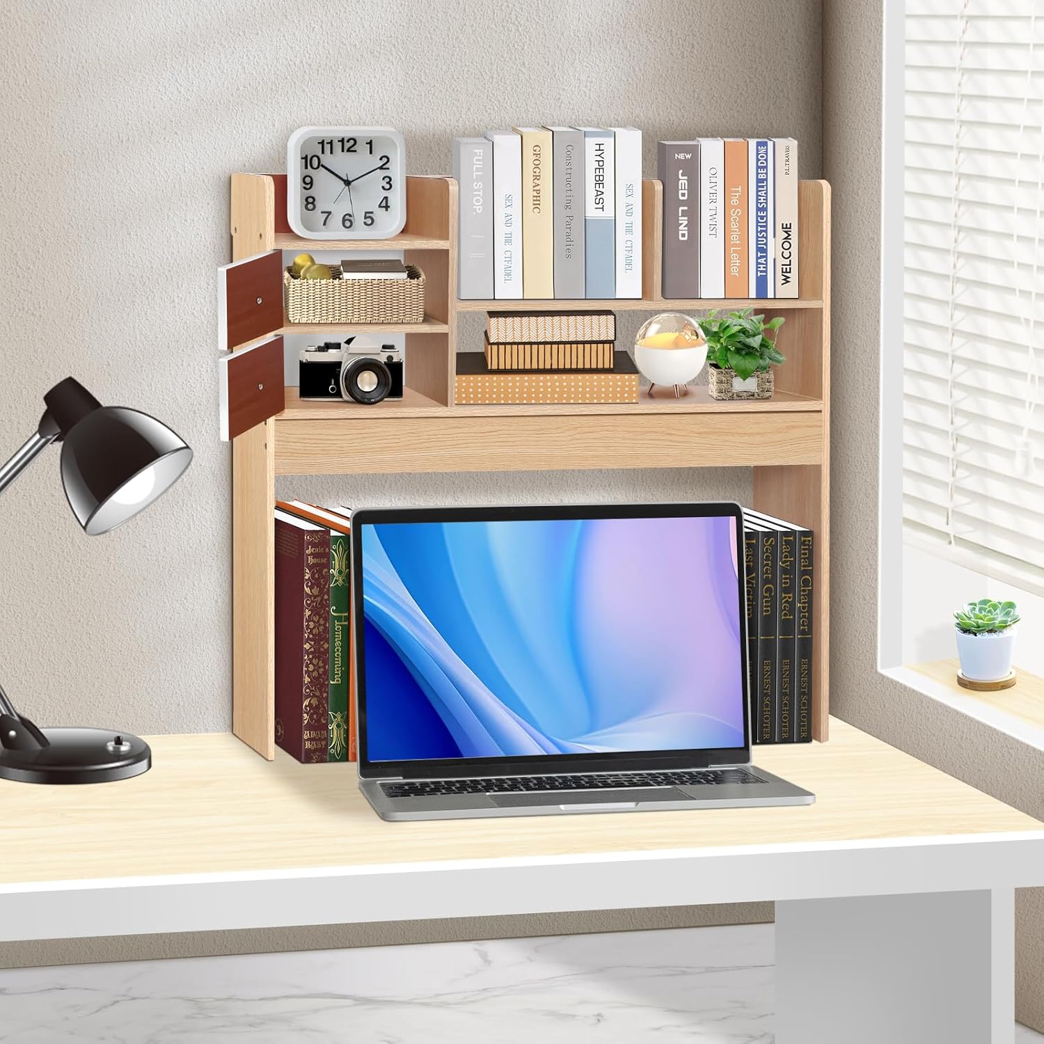 YGYQZ Wood Desk Shelf Organizer, Desk Table Shelf for Comuputer Display Shelf Rack Storage Stand for Office, Home, Dorm