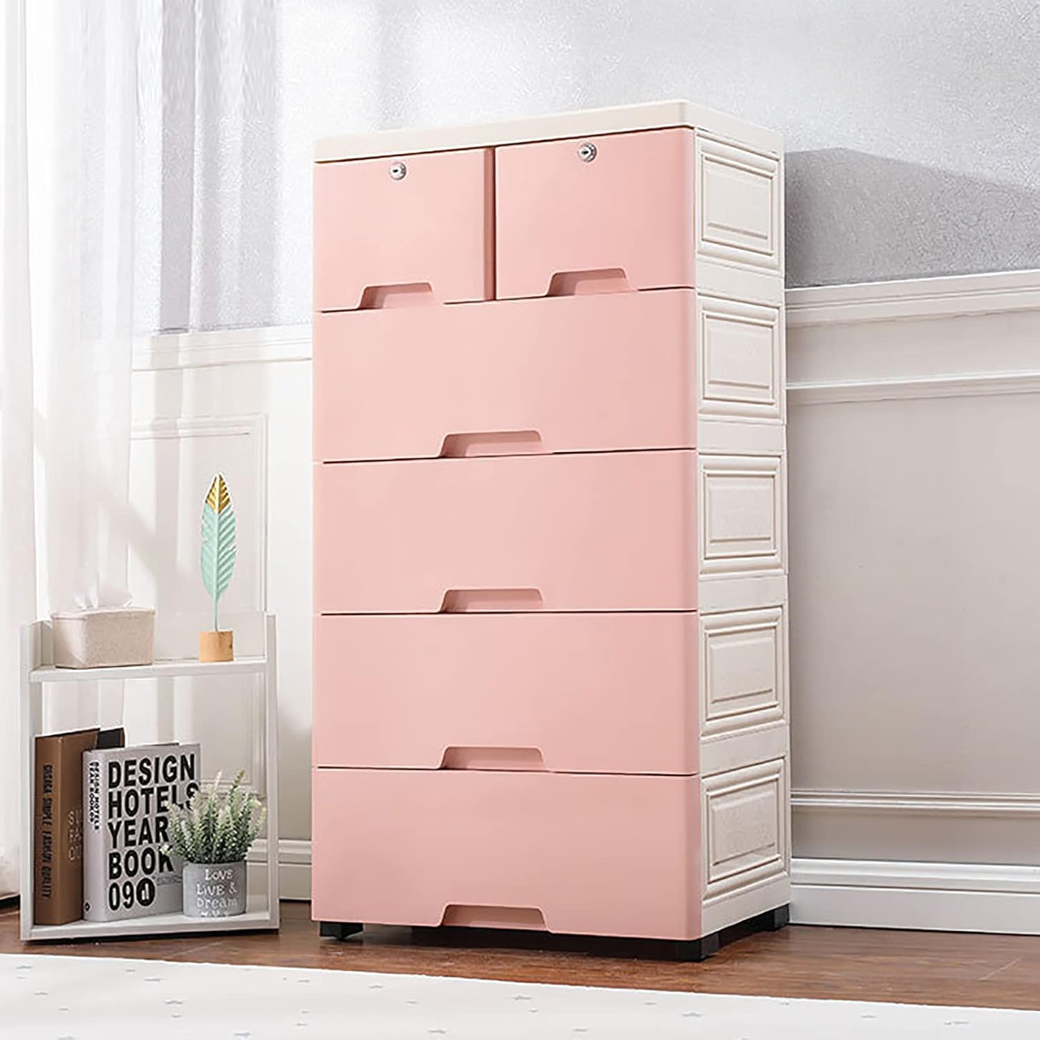 Gdrasuya10 Plastic Dresser with 6 Drawers for Clothes Large,Plastic Chest of Drawers Storage Cabinet,Storage Organizer Closet,Kid Plastic Storage Dressers with Wheels,Pink