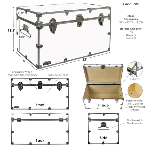 C&N Footlockers - XL Graduate Storage Trunk w/Tray - Made in the USA - STEEL Footlocker for College Dorm Room & Summer Camp - 32 x 18 x 18.5 Inches (White)