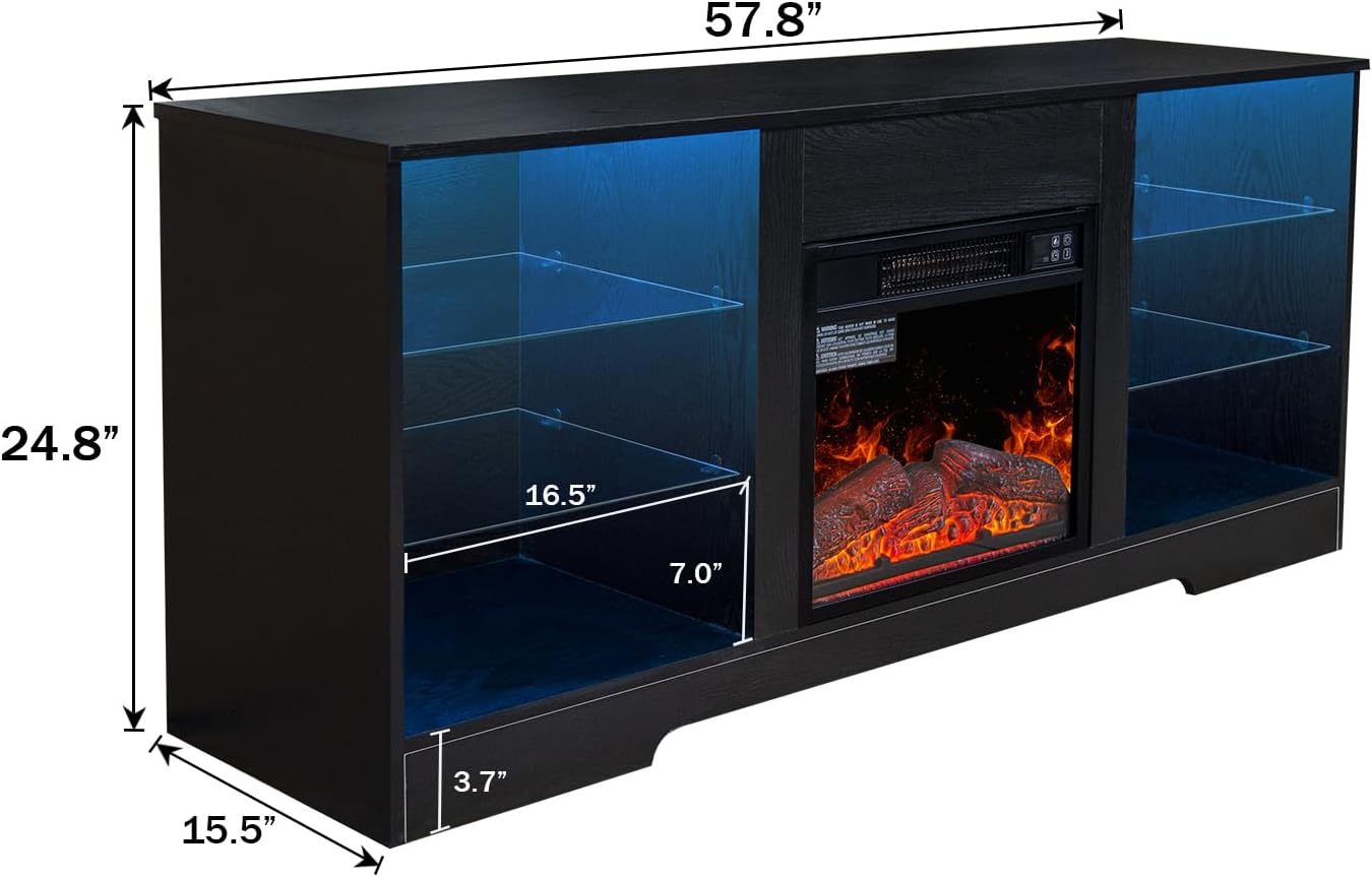 Fireplace TV Stand with 18 Inch Electric Fireplace Heater,Modern Entertainment Center for TVs up to 62 Inch with Adjustable Glass Shelves and Storage Cabinets,Black
