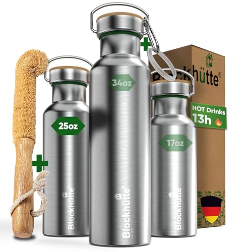 Blockhuette Vacuum Insulated Stainless Steel Water Bottle I 34 oz I Wide Mouth Insulated Metal Bottle for Cold Drinks I BPA-Free I Perfect for Travel, School, Kids, Adults, Water Canteen