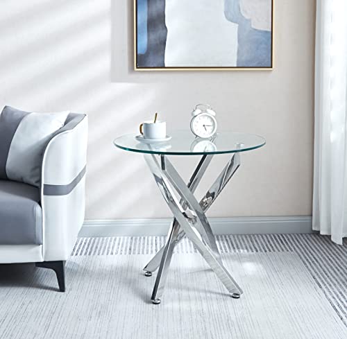 Modern Style Round Side Table with Tempered Glass Top and Silver Metal Chrome Legs,Glass Nightstand for Bedroom,Modern Round Glass End Table for Living Room (Silver)