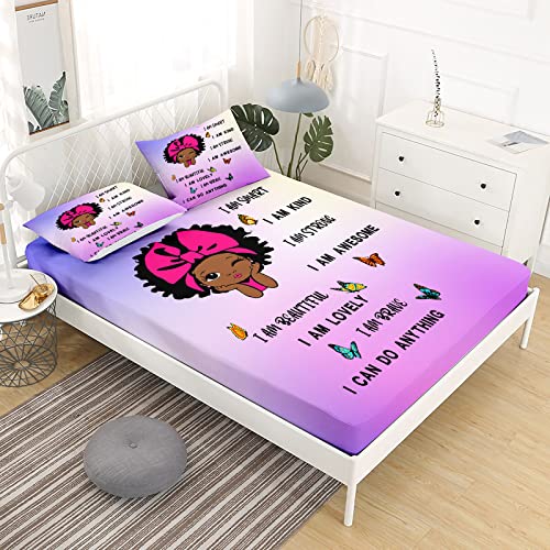 African American Girl Bedding Sets for Girl Black Girl Magic Fitted Sheet Set Cute Little Afro Black Princess Bed Sheet Set for Kids Bedroom Room Decor (1 Fitted Sheet + 2 Pillowcases) Purple