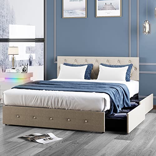 Platform California King Bed Frame with 4 Storage Drawers,California King Size Bed Frame and Headboard,Diamond Stitched Button Tufted Design,Wooden Slats Support,No Box Spring Needed,Dark Grey