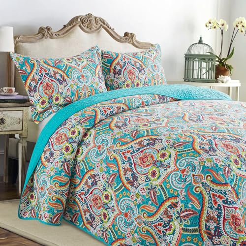 Oversized King Size Quilt Bedding Set - Cotton California King Size Bedspreads (108 * 118 in) - Lightweight Floral Quilts for Farmhouse Bedroom (Teal/Green Chic, 3 Pieces)
