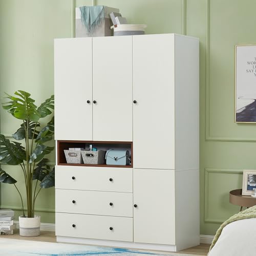 Armoire Wardrobe Closet Wood with 3 Doors 2 Drawers and Hanging Rod Bedroom Armoires White Cabinet for Ample Storage Space with Metal Handles 47.3