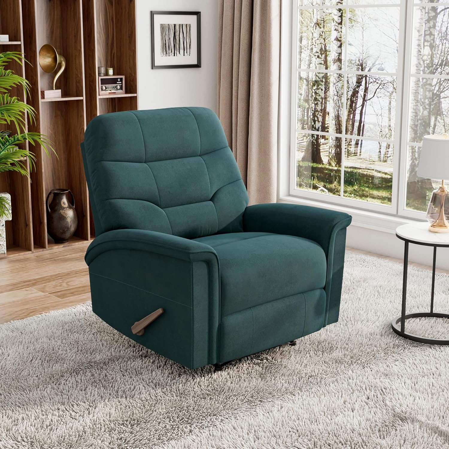 Teal Recliner - Manual Recliner Chair with Wall Hugger Design and Extended Handle, Overstuffed Recliner with Metal Reclining Mechanism and Solid Wood Frame, Reclining Chairs for Adults