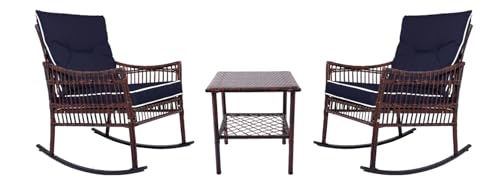 Outdoor Rattan Wicker Rocking Chair 3 Pieces Patio Conversation Furniture Bistro Sets with Side Table and Cushions for Porch Garden and Balcony