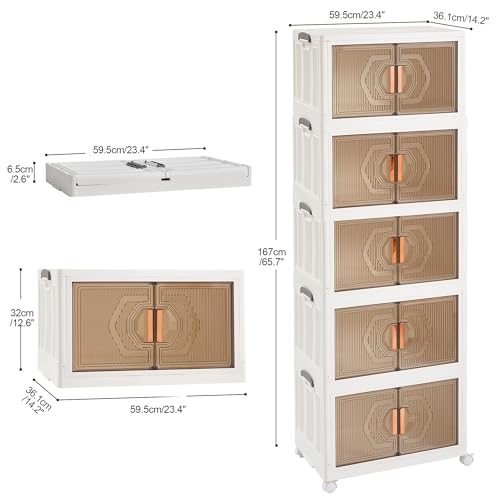 VECELO Stackable Bins with Lid, Plastic Collapsible Cabinet, Foldable Folding Box Organizer/Storage Container Cart with Wheel and Double Door for Home Office, White, 19 Gal-3 Pack