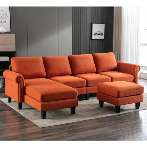 OUYESSIR U-Shaped Sectional Sofa Couch, 4 Seat Sofa Set for Living Room, Convertible L-Shaped Linen Couch Set with Chaise Lounge, Ottoman and Pillows,109 inches (Emerald Green)