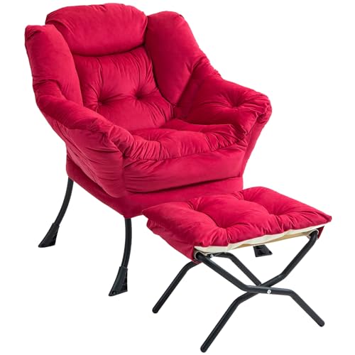 Velvet Lazy Chair with Foldable Ottoman,Large Lazy Chair, Accent Reading Chair, Cozy Lounge Chair with Armrest, Leisure Sofa Chair for Living Room, Bedroom, Dorm, Dark Blue