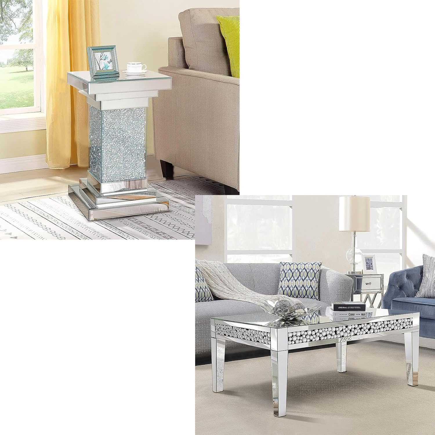 Mirrored end Table and Mirrored Coffee Table Bundle