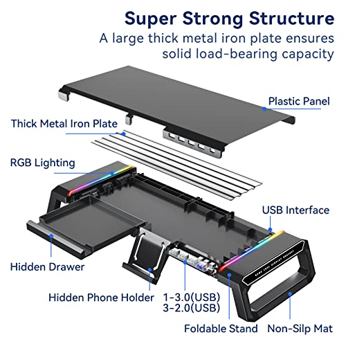 RGB Gaming Computer Monitor Stand Riser - 4 USB 3.0 Hub, 3 Length Adjustable Monitor Stand with Drawer,Storage and Phone Holder