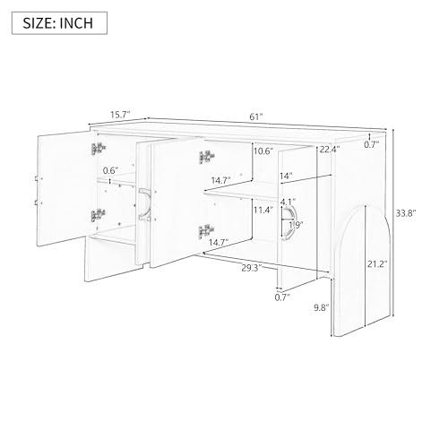 Retro Four-Door Round Metal Handle Storage Cabinet,Wood Sideboard with Adjustable Shelf for Study,Living Room,Bedroom,Easy Assembly (Black)