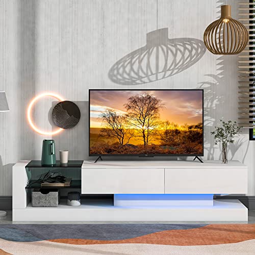 White & Black Contemporary TV Stand for TVs Up to 80 Inch, Unique Style TV Console Center Table with 3 Storage Cabinets & 2 Drawers, Modern TV Cabinet with High Gloss UV Surface