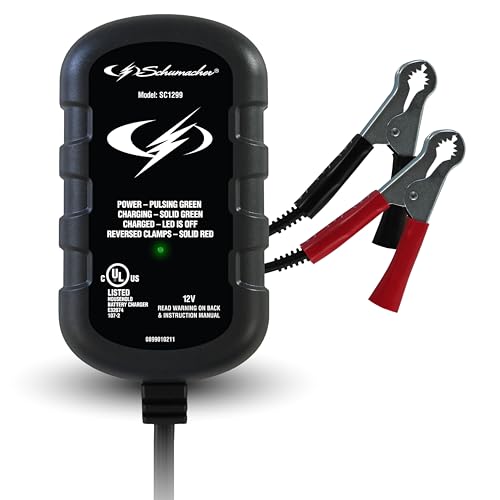 Schumacher Electric 0.8A Car Battery Charger and Maintainer, 2-in-1 Solution for 12V Batteries, SC1299, for Power Sport, Automotive, and Marine Batteries