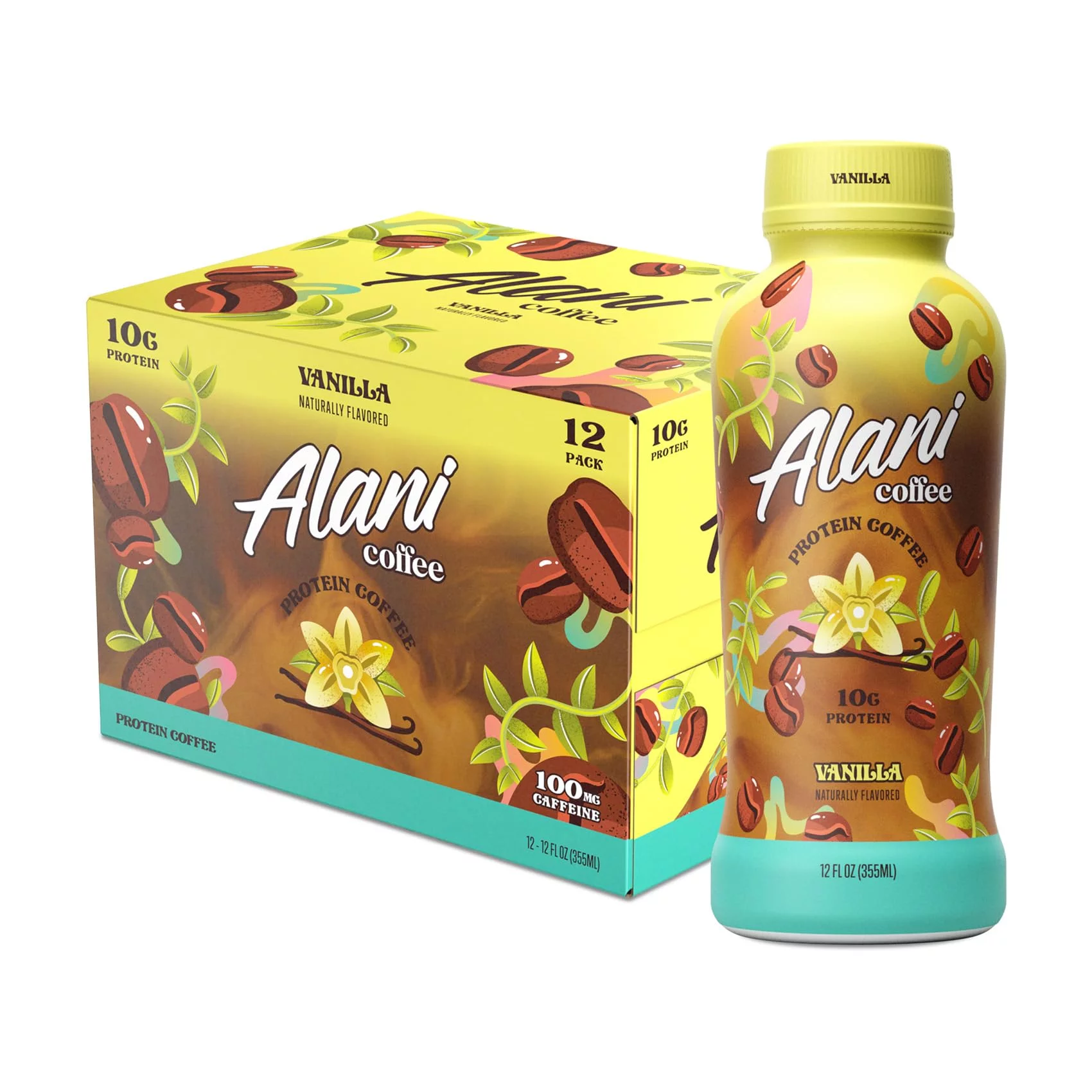 Alani Nu Protein Coffee, 100Mg Caffeine, 10G Protein, Naturally Flavored, Vanilla, Only 90 Calories Per 12 Fl Oz Bottle (Pack Of 12), Liquid