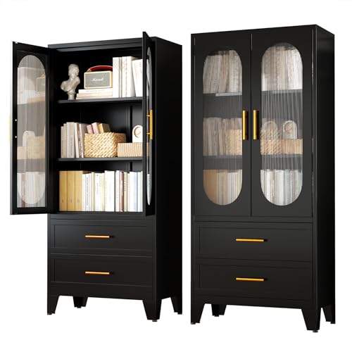 White Metal Storage Cabinet, Acrylic Glass Display Cabinet with Doors and 2 Adjustable Shelves, Kitchen Pantry Cabinet with 2 Drawers, Floor Office Locker for Kitchen, Living Room, Home Office