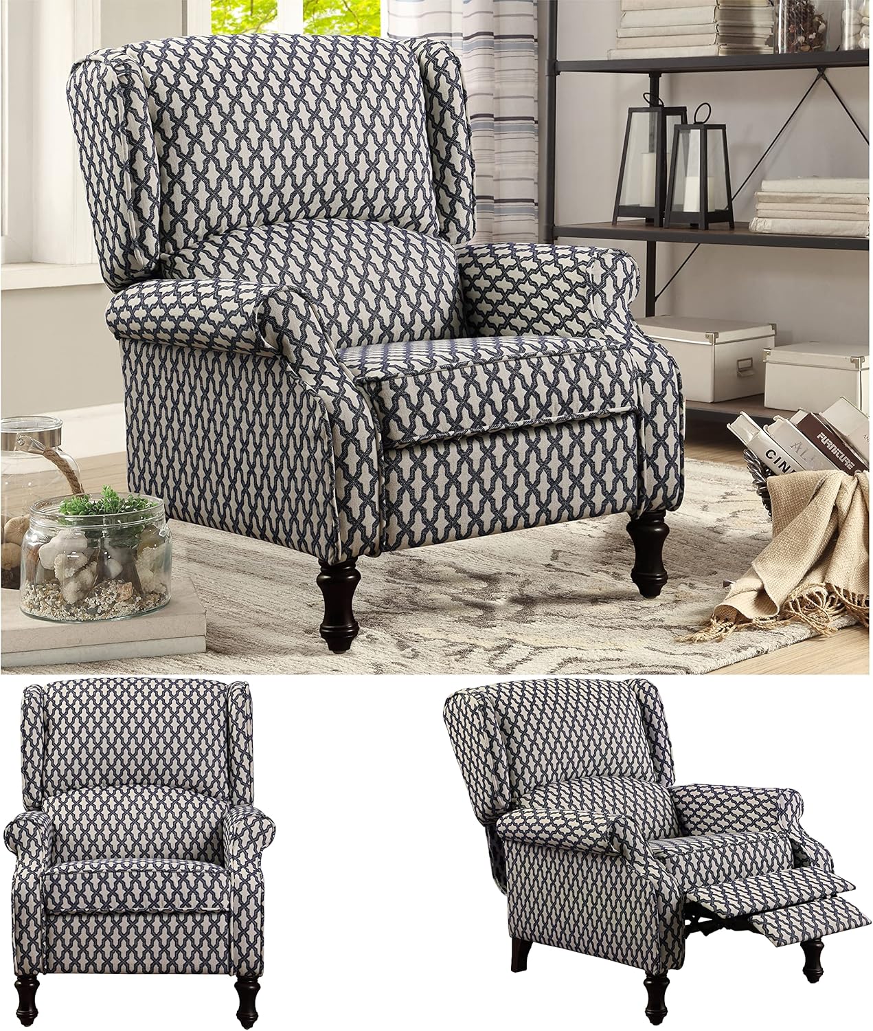 Rosevera Kelly Victoria Padded Push Back Recliner Chair for Living Room and Bedroom, Navy Blue