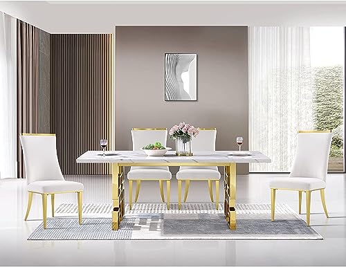 5 Piece Dining Set with Chairs, White and Gold Dining Table Set for 4, 78 inches Luxury Gold Dining Room Table Set with 4 Black Gold Dining Chairs(Table+4 Chairs)