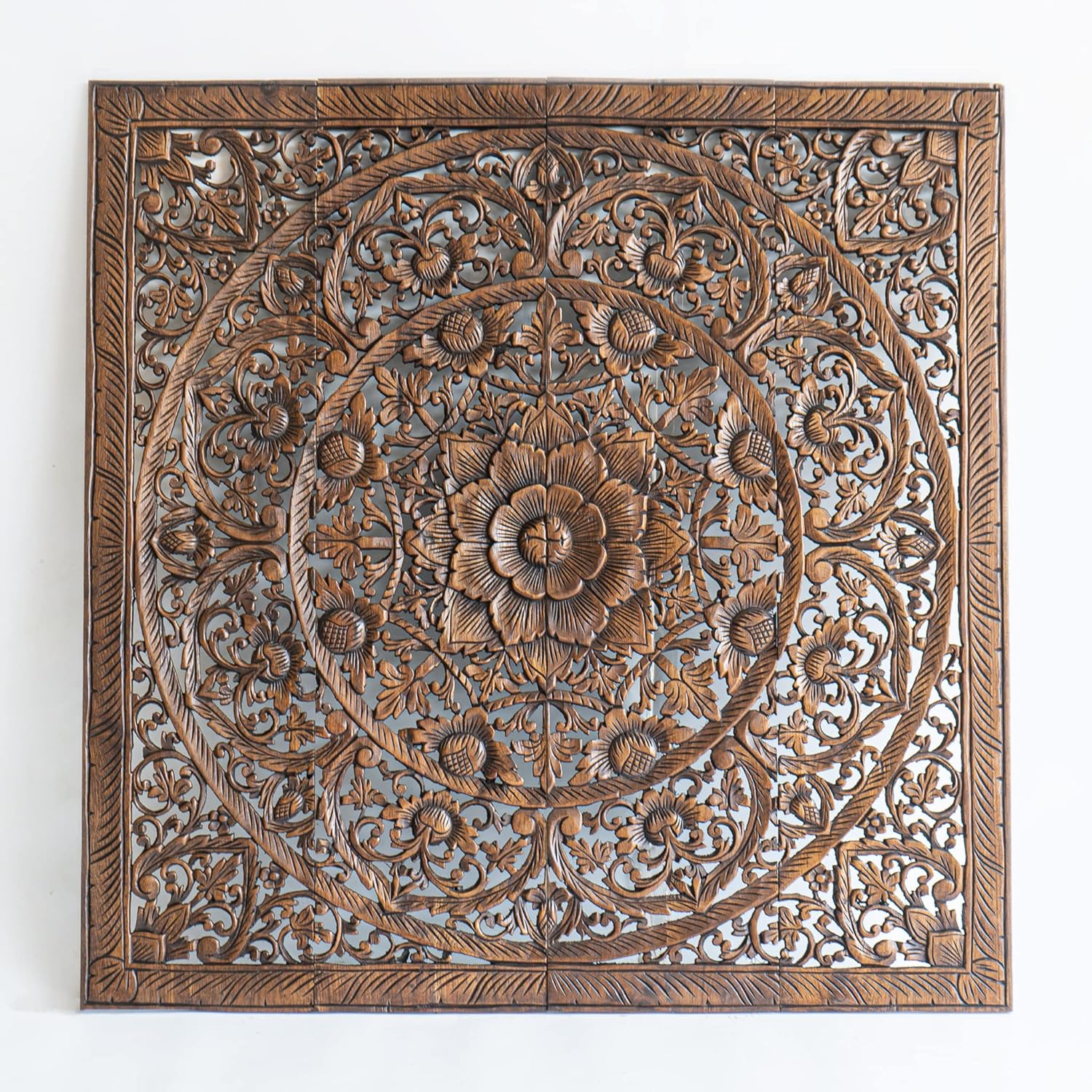 Dark Wood Wall Art Hanging, Twin Bed Headboard in Teak, Handcrafted Eco-Friendly Sculpture from Thailand, 48 inches