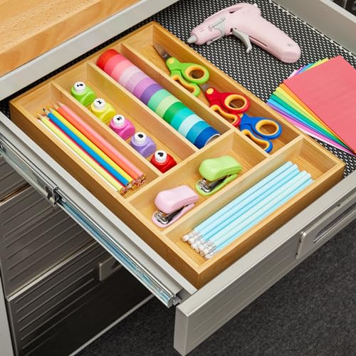 Juvale Bamboo Silverware Drawer Organizer with 6 Slots, Wooden Cutlery Tray Holder for Kitchen, Flatware, Utensils, 14.5 x 10.25 x 1.75 In