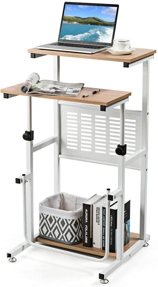 GRAFFY Height Adjustable Standing Desk, Laptop Desk with Footrest, Compact Standing Table with Storage Shelf, Lectern Podium for Presentation Use, Suitable for Sitting or Standing