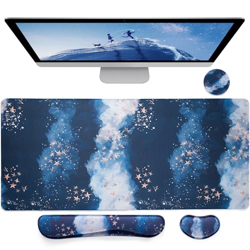Bloss Ergonomic Mouse Pad and Keyboard Wrist Rest (4 Pcs), Non-Slip Desk Mat Protector, Desk Pad for Keyboard and Mouse, Large Gaming Mousepad-Black Marble (31.5×15.7 Inches)