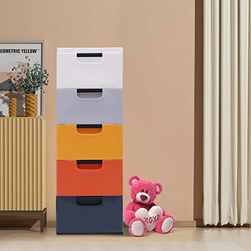 TFCFL Plastic Drawers Dresser Storage Cabinet, 5 Drawer Stackable Vertical Clothes Storage Tower, Closet Drawers Tall Dresser Organizer for Clothes, Playroom, Bedroom Furniture (Morandi Color)
