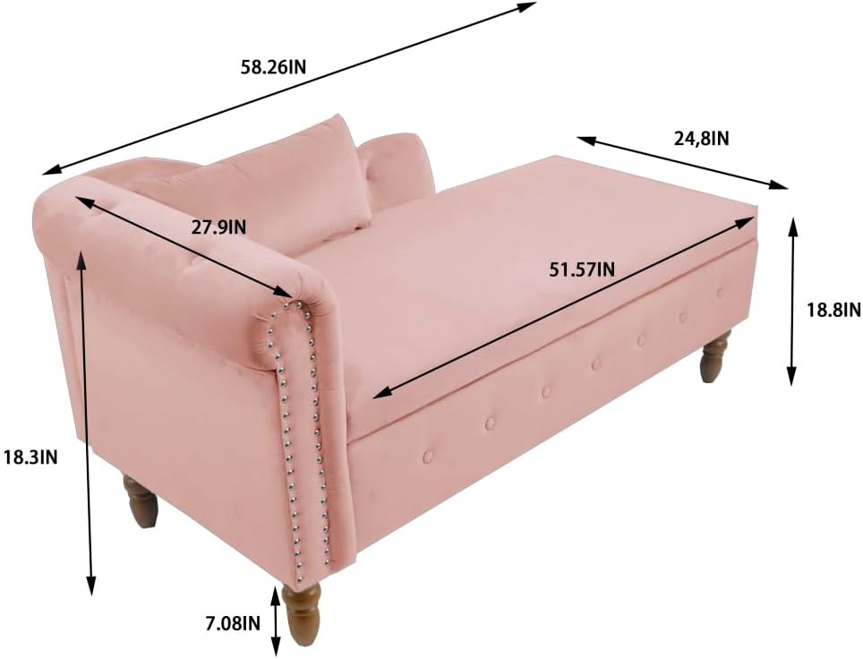 Pink Chaise Lounge Indoor,Velvet Lounge Chair for Bedroom with Storage & Pillow,Modern Upholstered Rolled Arm Chase Lounge for Sleeping with Nailhead Trim for Living Room Bedroom