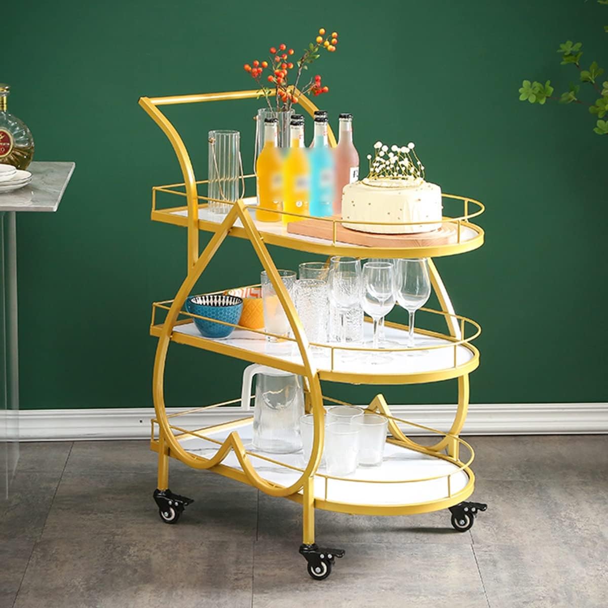 Mobile Kitchen Trolley Party Service Cart for Wine Cup Drink Cake,3 Tier Storage Shelves with Guardrail,Rolling Wine Cart On Wheels for Home