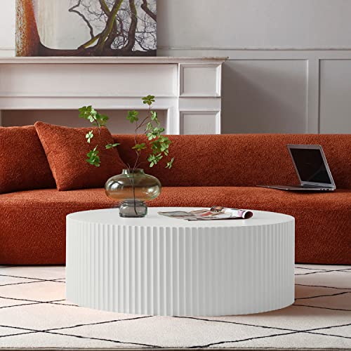 Round Coffee Table, Modern Side Table End Table for Living Room, Wood Circle Drum Coffee Table with Handcrafted Relief, Contemporary Living Center Table, White
