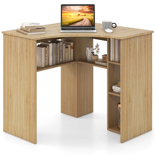 Tangkula Corner Desk with Storage Shelves, Space-saving Triangle Study Writing Desk with Adjustable Shelves, Corner Makeup Vanity Desk for Bedroom, Corner Desk for Small Space (Natural)