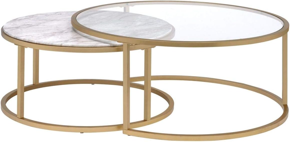 Knocbel Modern Nesting Coffee Table Set of 2 for Living Room, Faux Marble & Clear Glass Top, Metal Frame, Gold Finish (Faux Marble and Gold)