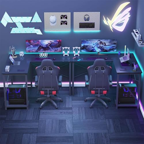 L Shaped Gaming Desk with Power Outlets & LED Lights, Home Office Desk Corner Desk with Hooks,Storage Shelves for Home Office (Grey)
