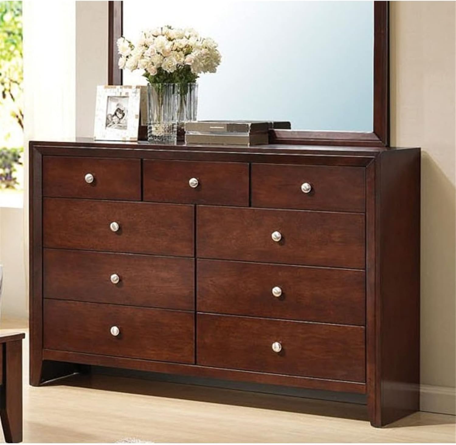 Modern Mirror Chest Dresser Wooden Queen King Bed Frame with Drawers for Bedroom Living Room Bathroom (Grey Chest) (Cherry Dresser)