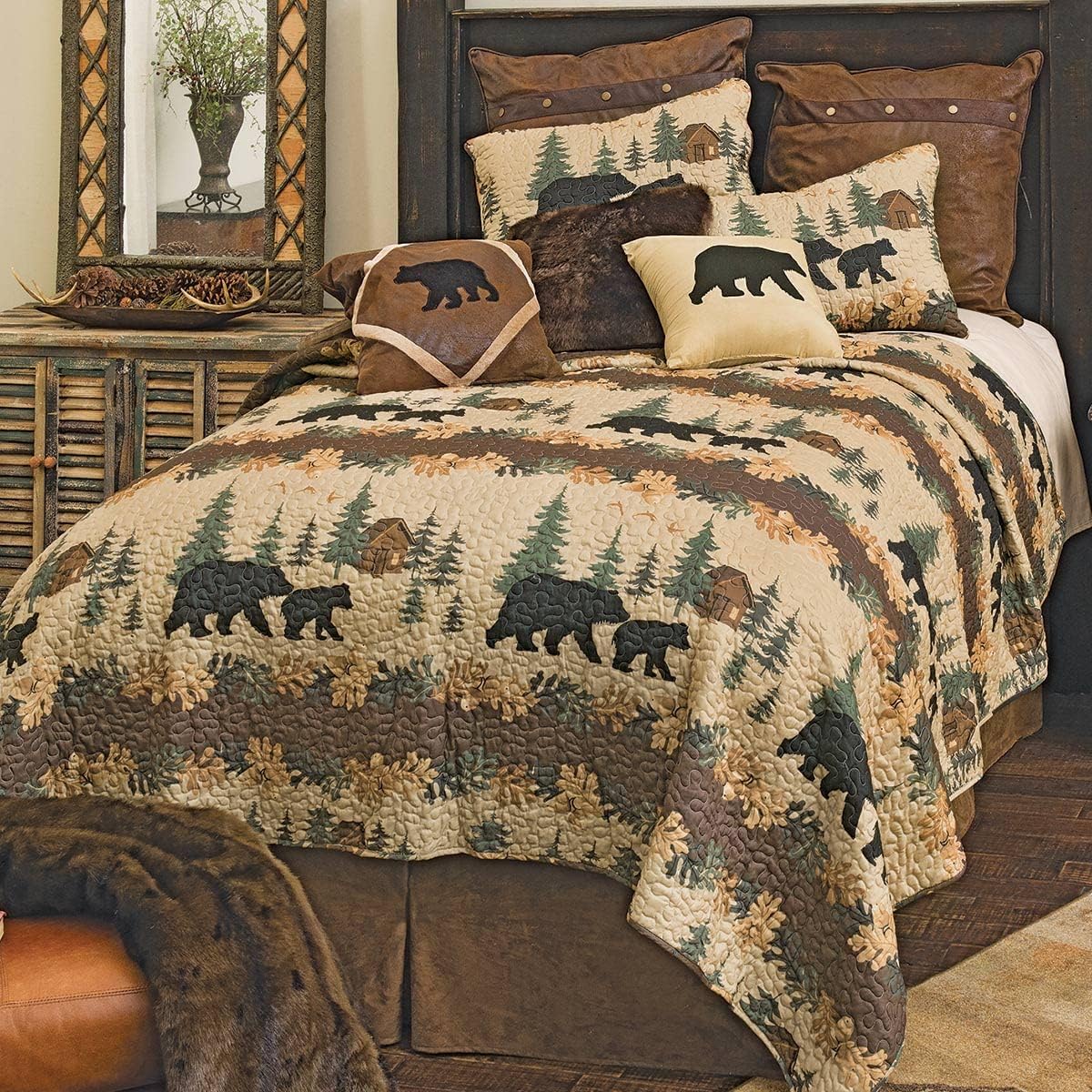 BLACK FOREST DECOR - King Quilt Bedding - Cozy Cabin Bears - Four Piece Bed Set - Quilt, Two Pillow Shams, One Accent Pillow