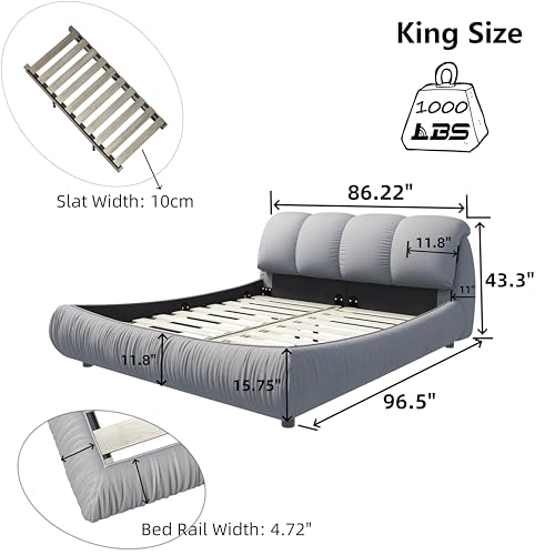 Modern Luxury King Size Bed Frame with Oversized Thick Headboard, Upholstered Sleigh Bed Frame with Wooden Slats Support Oversized Padded Backrest for Bedroom, No Box Spring Needed (Beige)