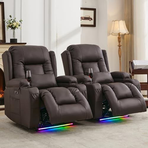 IPKIG Power Recliner Chair with Led Light - Faux Leather Overstuffed Home Theater Recliner w/Massage Heat/Lumbar Pillow/USB Port/Cup Holders/Side Pockets, Movie Gaming Reclining Chair (2 Sets, Brown)